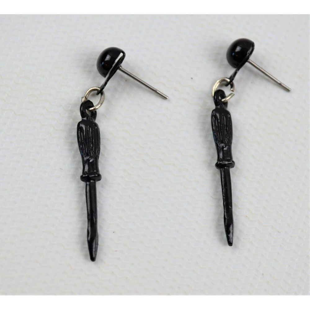 Vintage Silver Tone Dangle Earrings‎ Black Screwdriver Tool Construction 1.5"